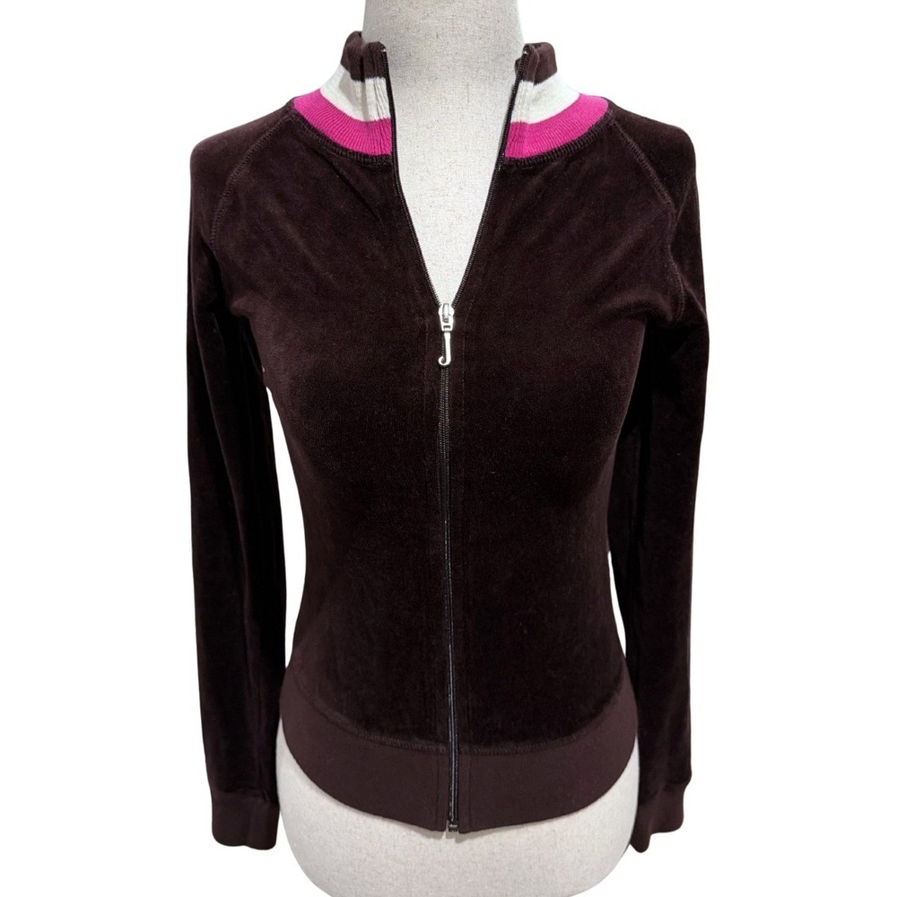 Vintage Y2K Juicy Couture Velour Track Jacket Brown Pink Striped Mock Neck Slim
